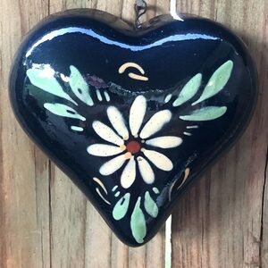 Hand Painted Ceramic Clay Heart Wall Decor Dark Blue with Floral Daisy Design
